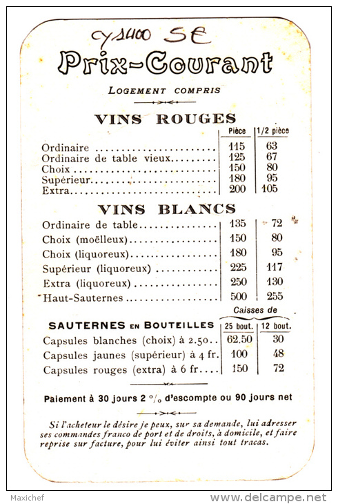 Carton Format 8.2X13.1 "C.Fazembat, Propriétaire Négociants à Preignac, Tarif  Sauternes (pièce, 1/2 Pièce, Bouteilles) - Publicités