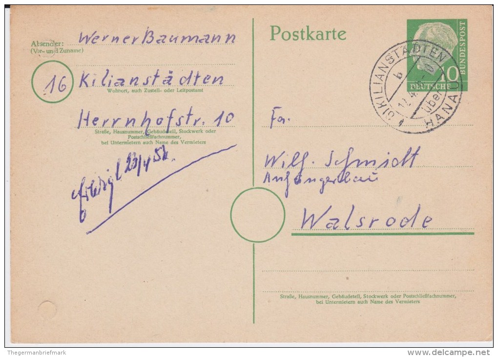 Bund Heuss P 26 PSt I Stempel Kilianstädten ü Hanau 1956 - Postcards - Used