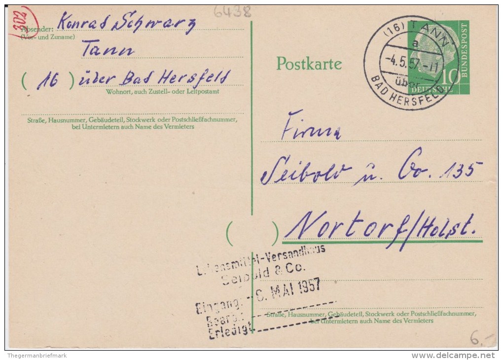 Bund Heuss P 31 PSt I Stempel Tann ü Bad Hersfeld 1957 - Postcards - Used