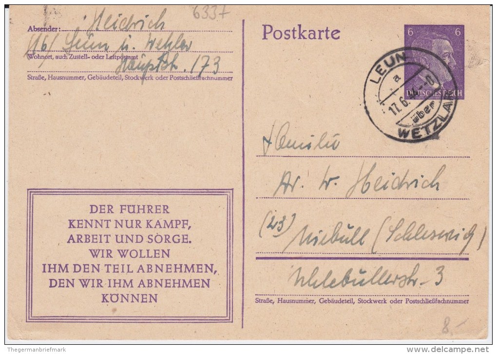 DR 3 Reich P 312 PSt I Stempel Leun ü Wetzlar 1944 - Sonstige & Ohne Zuordnung