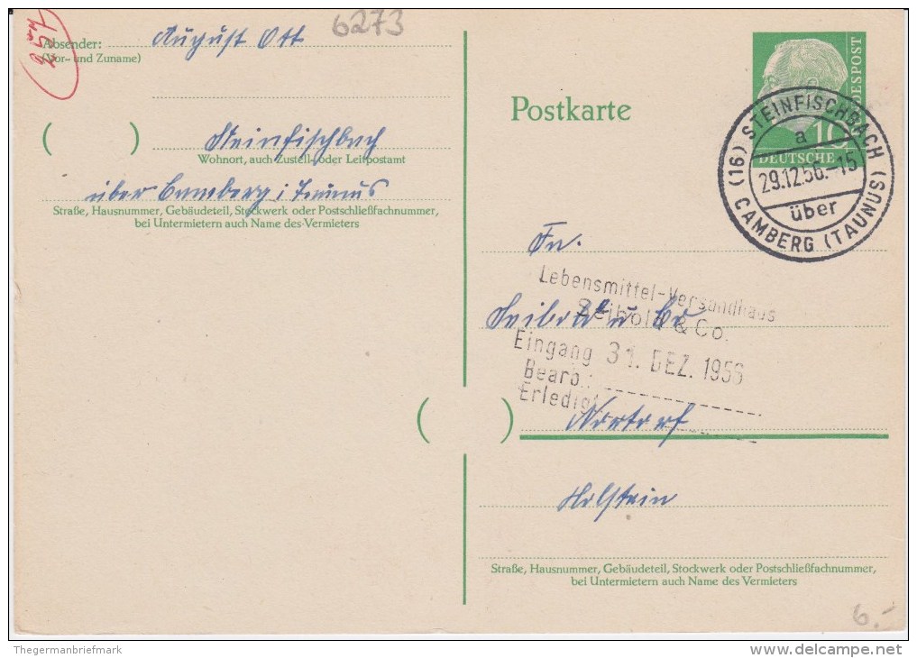 Bund Heuss P 31 PSt I Stempel Steinfischbach ü Camberg 1956 - Cartes Postales - Oblitérées