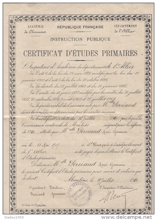 Certificat études Primaires 1920 à 03 Moulins - Diplômes & Bulletins Scolaires