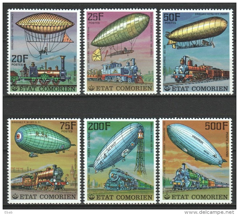 Comores 1977 Mi 339-344A  MNH ZEPPELINS & TRAINS - Zeppelins