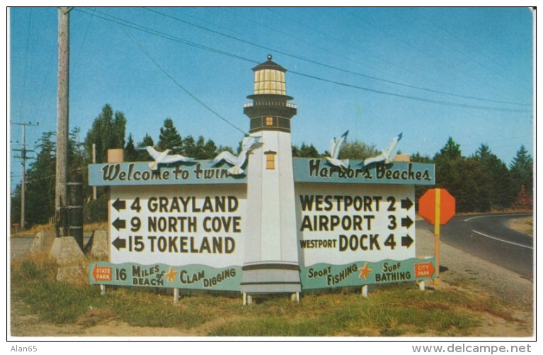 Twin Harbors Area Washington, Roadside Sign, Lighthouse Image, Pacific Beaches, C1950s/60s Vintage Postcard - Other & Unclassified