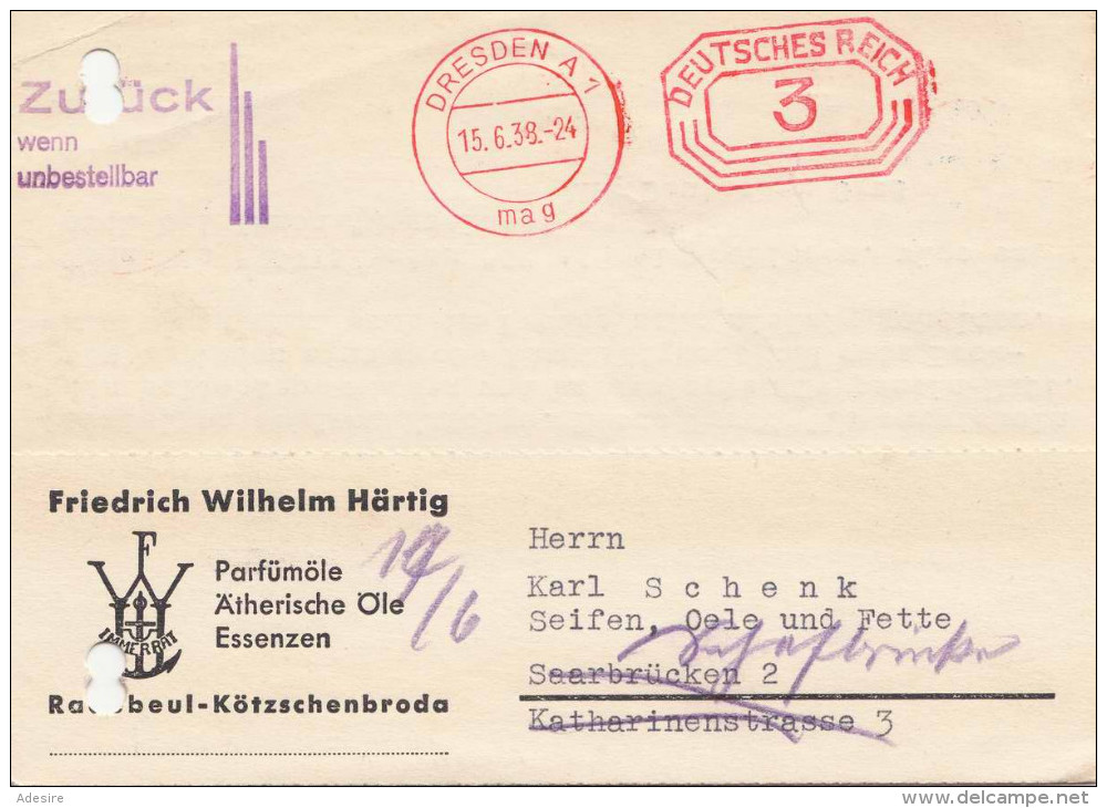 DR 1938 - 3 Rpf Ganzsache Aufdruck Auf Firmen-Pk Von Dresden > Saarbrücken - Covers & Documents