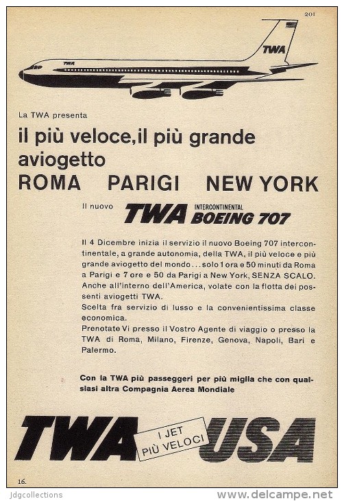 # TWA 1950s Italy Advert Pubblicità Publicitè Reklame Roma Paris New York Airlines Airways Aviation Flight Airplane - Pubblicità