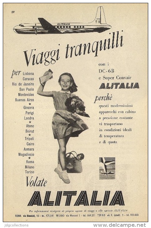 # ALITALIA 1950s Italy Advert Pub Pubblicità Reklame Airlines Airways Aviation Airplane Aereo Avion - Publicités