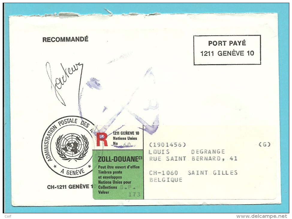 Brief ADMINISTRATION POSTALE DES NATIONS UNIES A GENEVE  Met Strookje ZOLL-DOUANE - Marcophilie