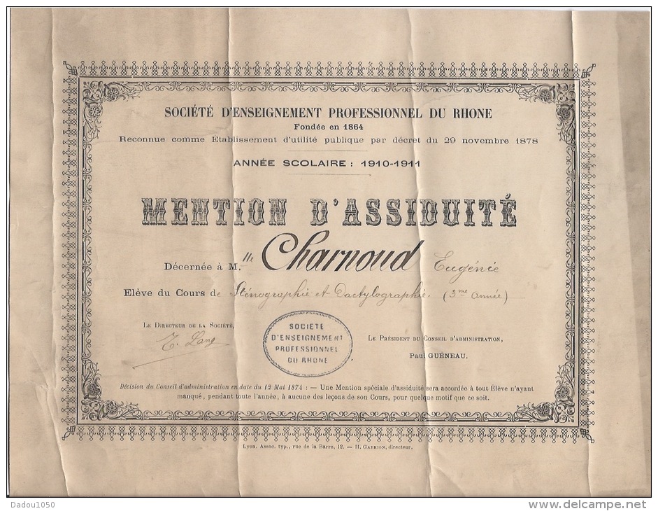 Mention D'assiduité 1911 1912 - Diplômes & Bulletins Scolaires