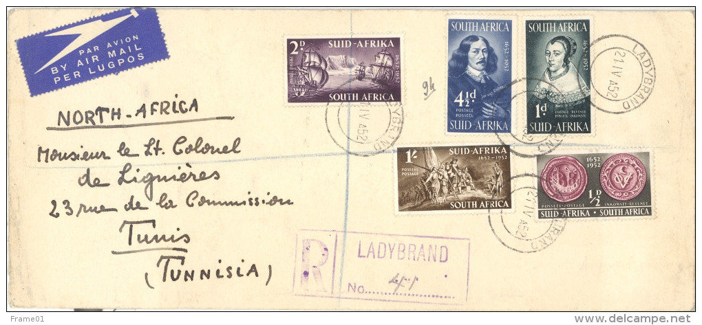 South Africa, 1952, Registered Cover / Lettre Recommandée Ladybrand --> Tunis, Multifranking On Both Sides / Affr. Recto - Briefe U. Dokumente