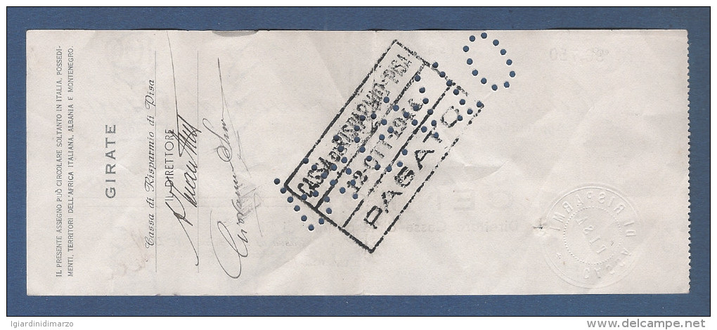 Assegno Bancario Da LIRE 100 Emesso Il 24/05/1944 Dalla Cassa Di Risparmio Di Pisa - In Buone Condizioni. - Cheques En Traveller's Cheques