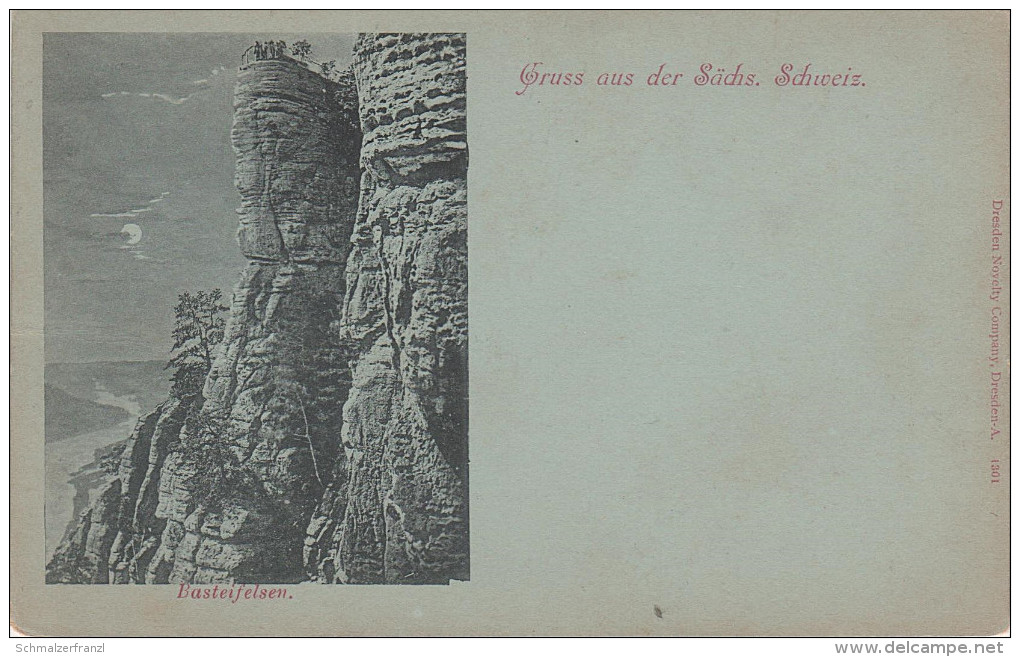 Litho Stich Mondschein AK Basteifelsen Bastei Aussicht Sächsische Schweiz Elbtal Bei Rathen Wehlen Königstein Schandau - Bastei (sächs. Schweiz)