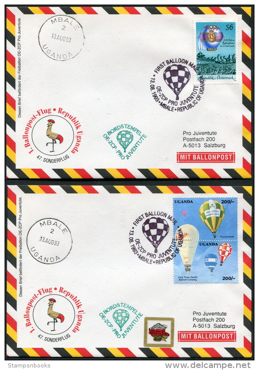 1993 Austria Uganda Sonderballonpost 47 Mbale Pro Juventute Charity Balloon Flights Covers X 2 - Uganda (1962-...)