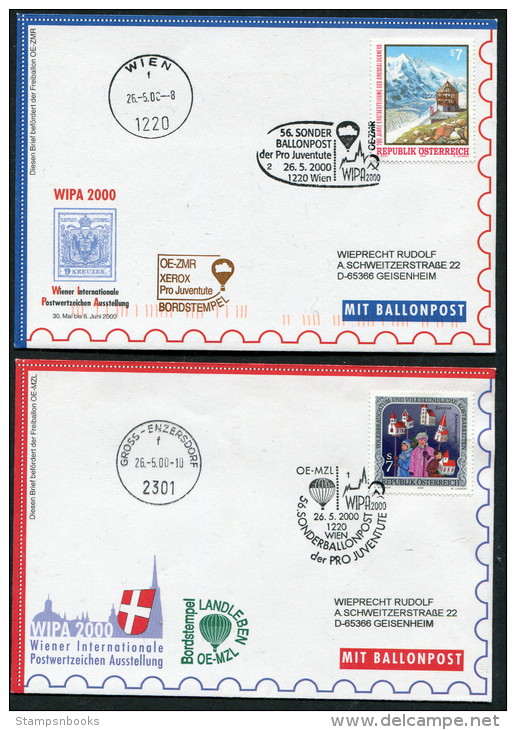 2000 Austria Sonderballonpost 56 Wien WIPA Pro Juventute Charity Balloon Flights Covers X 2 - Philatelic Exhibitions