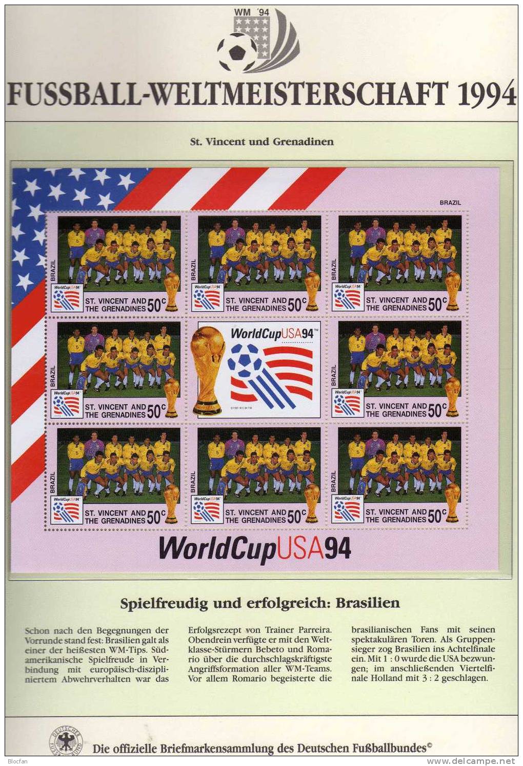 Team Brazil Zur Fussball WM 1994 Vincent 2817 Kleinbogen ** 8€ Kicker World Cup USA-Flagge M/s Flag Bloc Soccer Sheetlet - 1994 – Estados Unidos