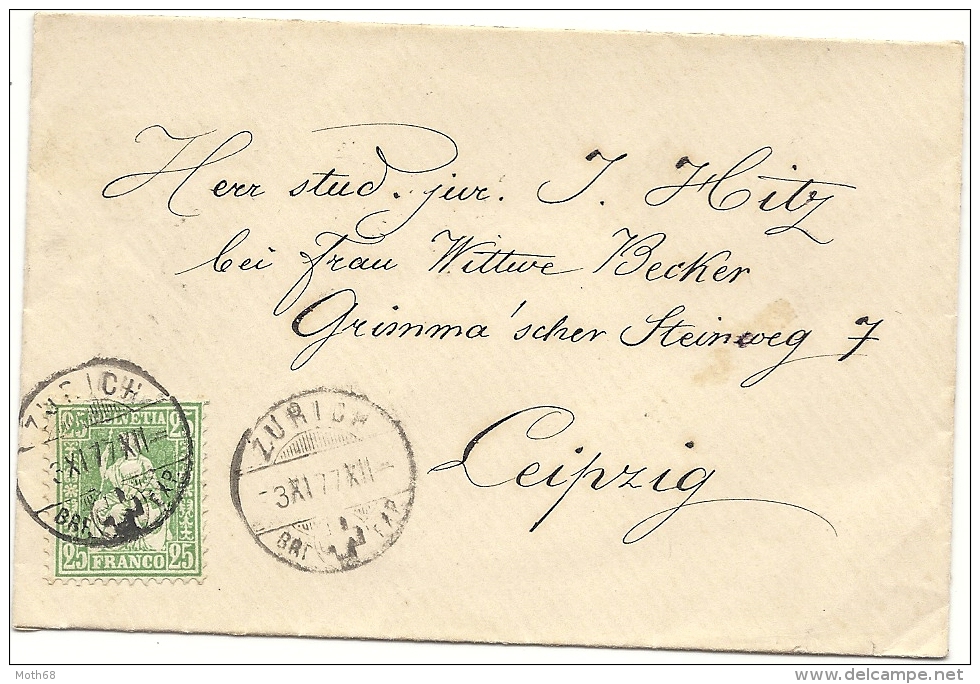 1877 25 Rp. Sitzende Grün Brief  Von Zürich Nach Leipzig - Storia Postale