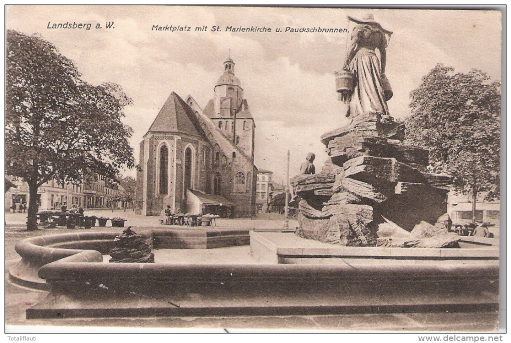 LANDSBERG Warthe Markt St Marienkirche Paukschbrunen Gorzow Wielkopolskie 11.5.1911 Gelaufen - Neumark