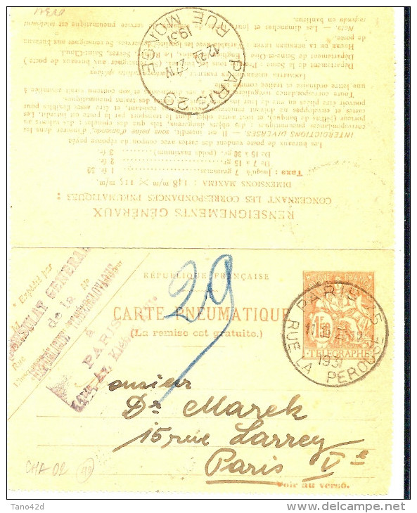 LINT4 - CHAPLAIN CARTE PNEUMATIQUE 1F50 ROUGE CACHET DU CONSULAT G.L REP. TCHEQUE A PARIS AVRIL 1931 - Pneumatische Post