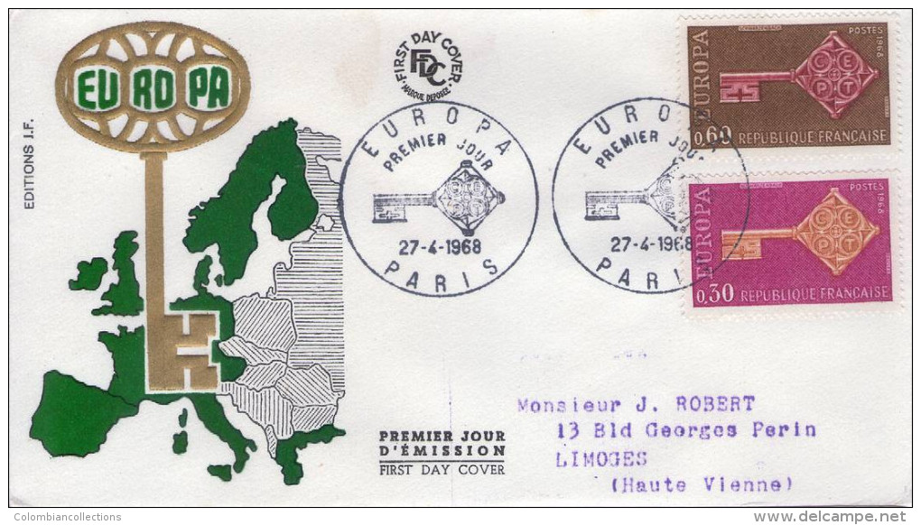 Lote F-Fr26, Francia, 1968, FDC, Europa CEPT, Paris, Key, Map, Circulated - 1960-1969