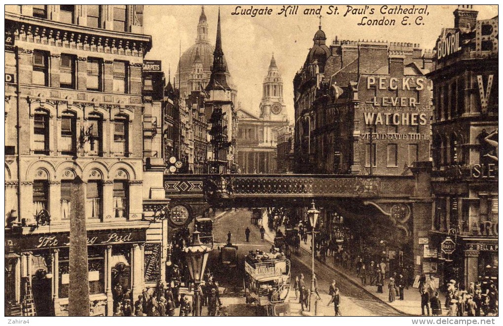 Ludgate Hill And St-Paul's Cathedral - London E.C. - Peck's Lever Watches - BV Bovril - Whitbreads - St. Paul's Cathedral