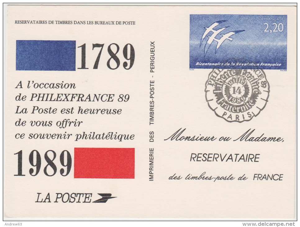 FRANCIA - France - 1989 - Carte Postale - Souvenir Philatélique Sur Carte Postale Bicentenaire De La Révolution Franç... - Rivoluzione Francese