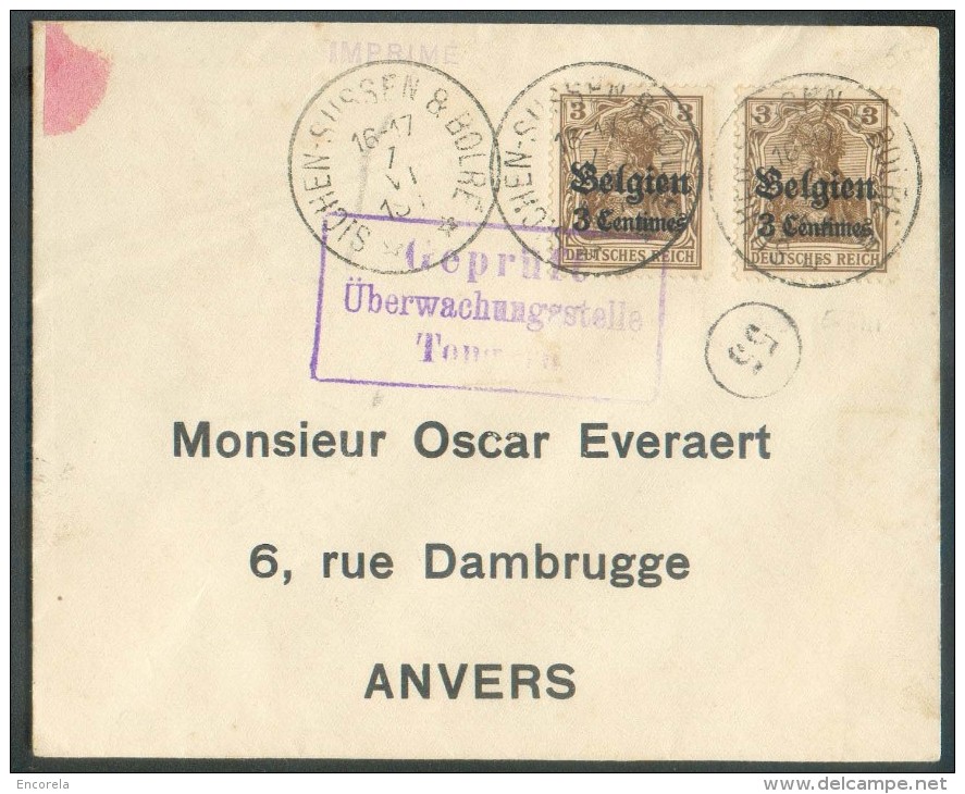 OCC N°1(2) - 3centimes S/3pfg (x2) Obl. Sc Relais De SICHEM-SUSSEN BOLRE * Sur Enveloppe  Du 7-VI-1917 + Griffe Encadrée - Postmarks With Stars