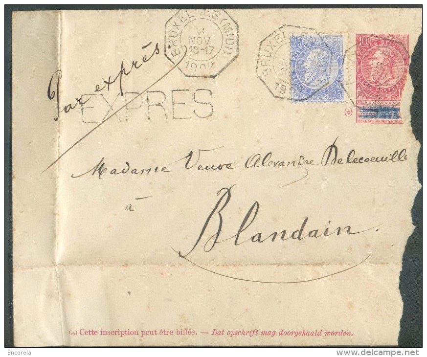 E.P. Enveloppe 10 Centimes Fine Barbe Obl. Télégraphique BRUXELLES (MIDI) En Exprès Le 8 Novembre 1902 Vers Blandain - - Omslagbrieven