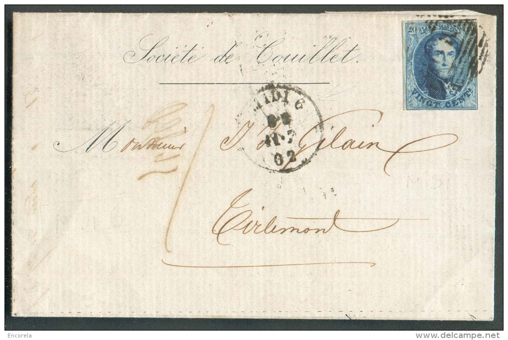 N°11 - Médaillon 20 Centimes Bleu  Obl. Ambulant M.VI. + Sc MIDI 6 Sur Lettre De Couillet Le 11-7-1862 Vers Tirlemont - - 1858-1862 Medaillons (9/12)