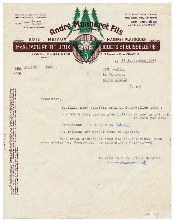 39 : Facture De La Maison " André Monneret Fils " Manufacture De Jeux Jouets Et Boissellerie, Lons-le-Saunier - 1950 - ...