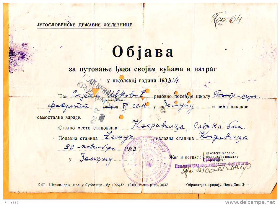 Railway Ticket "travel Pass" 1933/34 Y For Student  For 6 Travels To School And Back Home - Europe