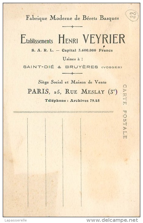 88-Bruyères : Etablissements Henri Veyrier - Fabrique Moderne De Bérets Basques - Bruyeres