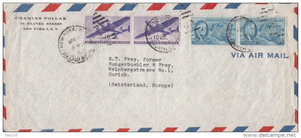 STAMPS ON COVER, NICE FRANKING, PLANE, ROOSEVELT, 1946, USA - Lettres & Documents