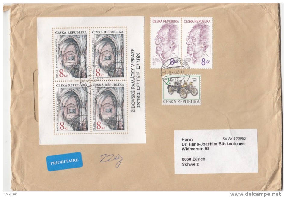 STAMPS ON COVER, NICE FRANKING, PRAGUE SYNAGOGUE, GUSTAV MAHLER, VINTAGE CAR, 2005, CZECH REPUBLIC - Lettres & Documents