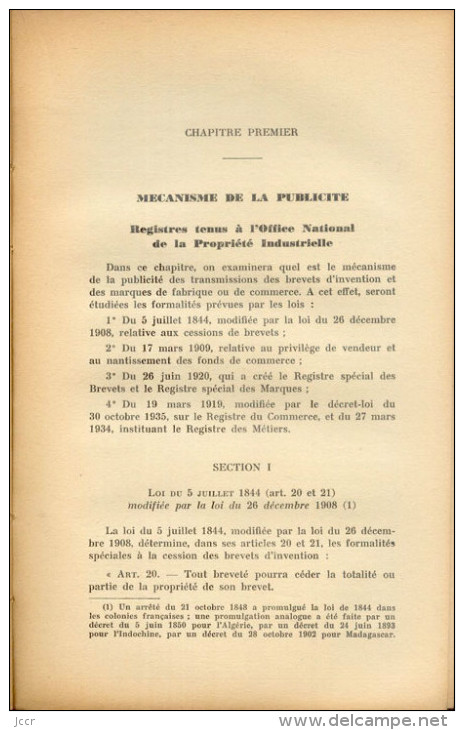 De La Publicité Des Transmissions Des Marques De Fabrique Ou De Commerce Et Des Brevets D´invention Par Paul Simoni-1937 - Derecho