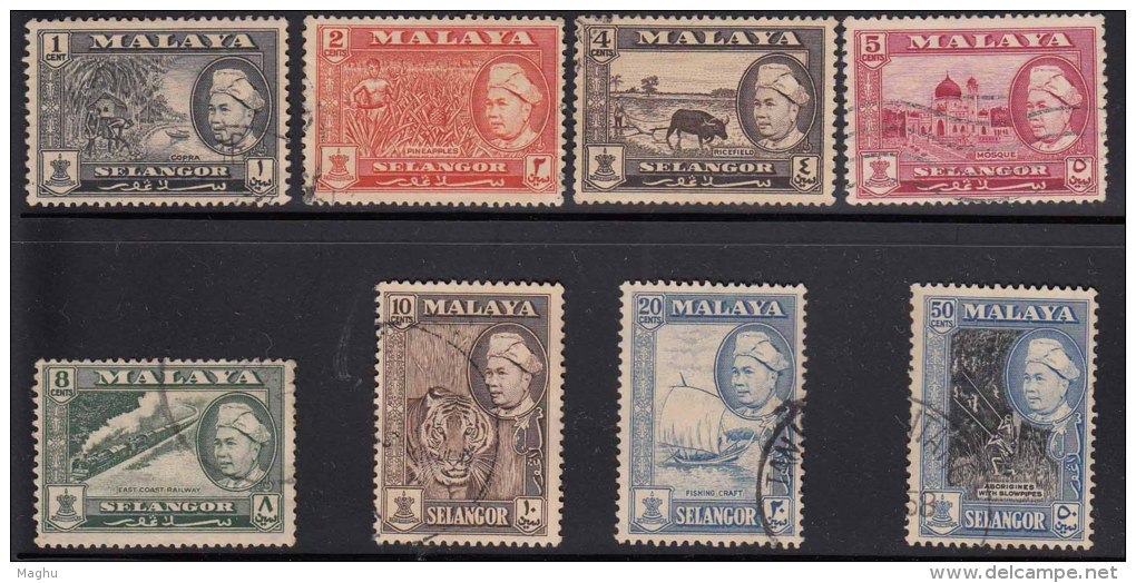 Selangor Malaya Used 1957, 8 Diff., Train, Tiger, Mosque, Islam, Agriculture, Etc., (sample Image) - Selangor