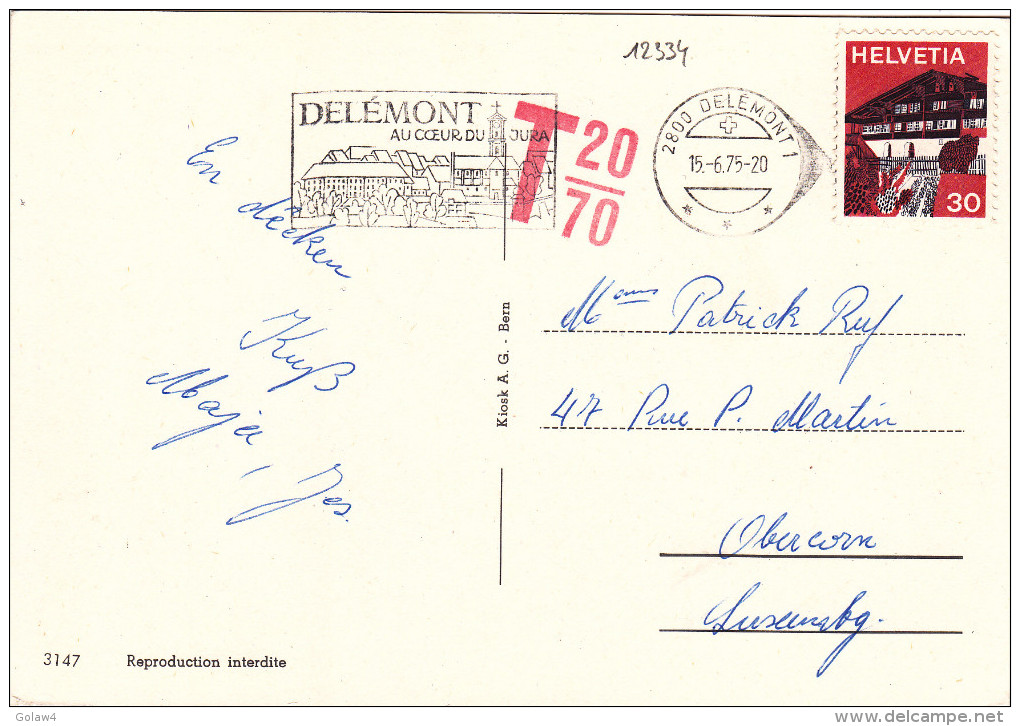 12334# SUISSE CARTE POSTALE TAXE T20/70 ROUGE Obl DELEMONT 1975 Pour OBERCORN LUXEMBOURG - Covers & Documents