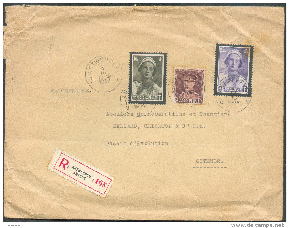 2Fr. KEPI + 2 Timbres Reine ASTRID Obl. Sc ANTWERPEN 1 Sur Lettre Recommandée Du 4-III-1936 Vers Ostende - 10052 - 1931-1934 Quepis