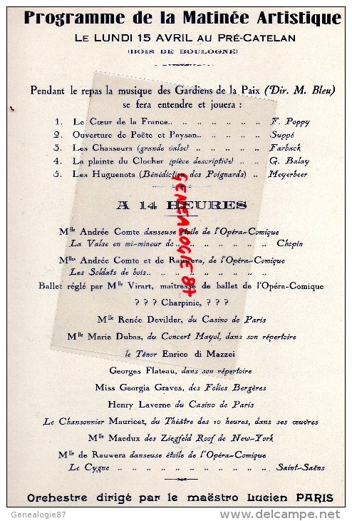 75 - PARIS - MENU BANQUET  METROPOLITAN POLICE OF LONDON -GENDARME-SYNDICAT RESTAURATEURS-BOXE -BRIDGE 1929-PRE CATELAN - Menú