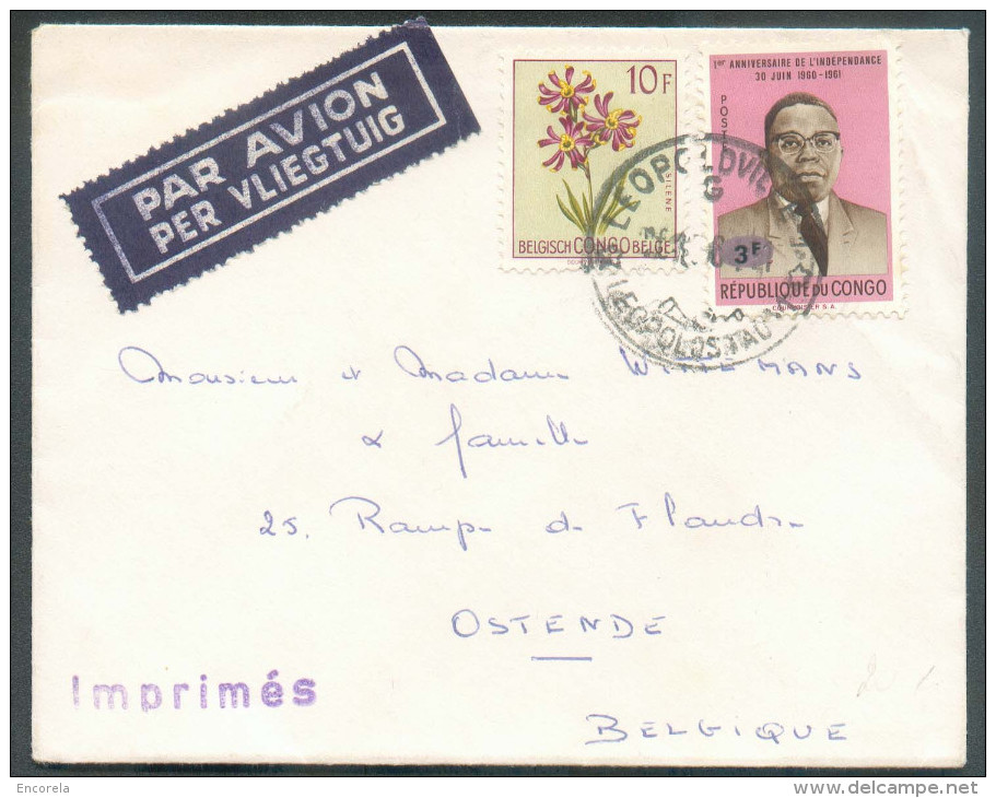 CONGO BELGE N°320 + REPUBLIQUE DU CONGO N°543 Obl. Sc LEOPOLDVILLE  Sur Lettre Par Avion Vers Ostende - 10073 - Autres & Non Classés