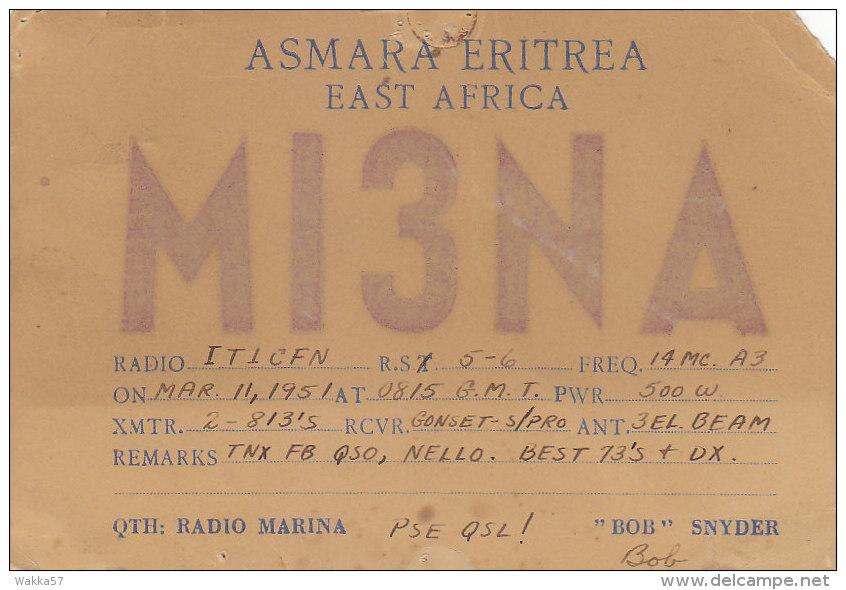 AA104- U.S.A. Army Postage Asmara Eritrea E.A.F. - A.P.O - QSL Card - Radio Marina - To Palermo - Radio