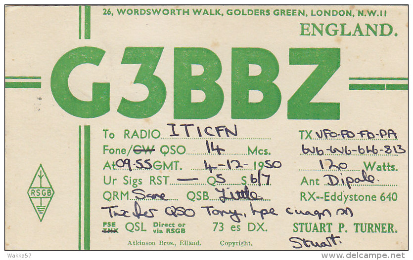 AA109- QSL Card - Radio Amateur - From England To Italy 1950 - Radio