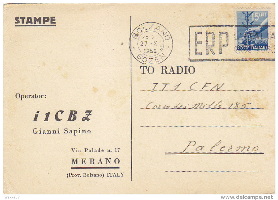 AA110- QSL Card - Radio Amateur - From Merano To Palermo - Italy - Radio