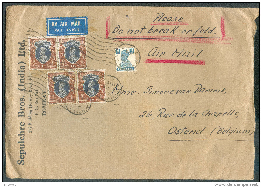 Cover Franked 4R.6As Cancelled Mécanical BOMBAY 28-3-1948 By Airmail To Ostende (Belgium) - 10081 - 1936-47 Koning George VI