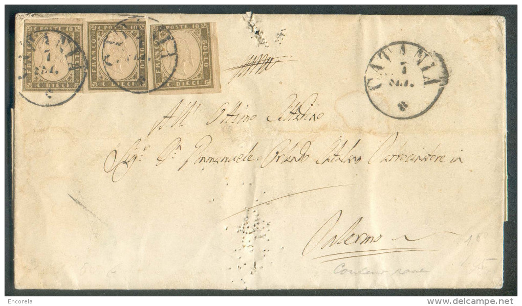 10 Centessimi Gris-olive (x3) Obl. Sc De SICILIA CATANIA Le 7 Septembre 1861 Vers Palermo - 10083 - Sardaigne