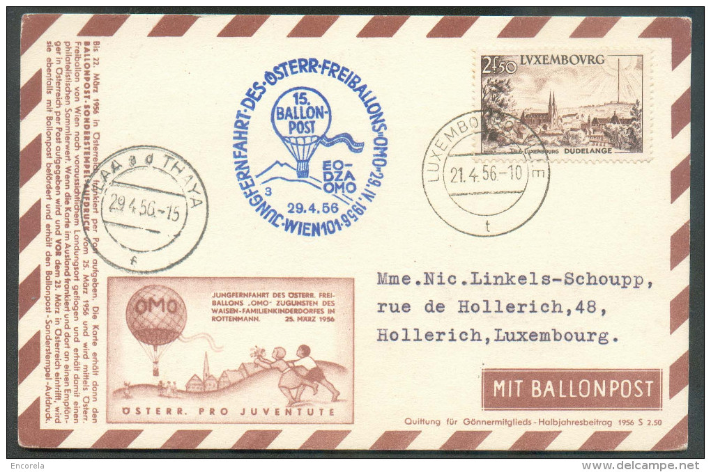 Luxembourg 2FR.50. Sc LUXEMBOURG 21-IV-1956 Sur Carte Ballon-Post  (Aerostatischen Maschine0) Vers Luxembourg  + Griffe - Par Ballon