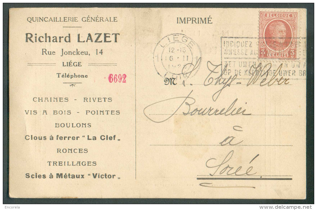 Belgique - 3 Centimes Houyoux Obl. Mécanique LIEGE 1 Sur Carte Ill. (Richard LAZET Quincaillerie Générale Chaine Rivet V - Usines & Industries