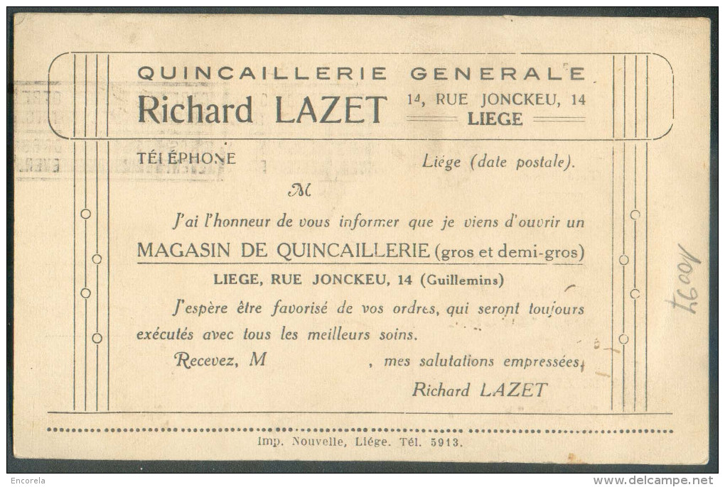 Belgique - 3 Centimes Houyoux Obl. Mécanique LIEGE 1 Sur Carte Ill. (Richard LAZET Quincaillerie Générale Chaine Rivet V - Fabbriche E Imprese