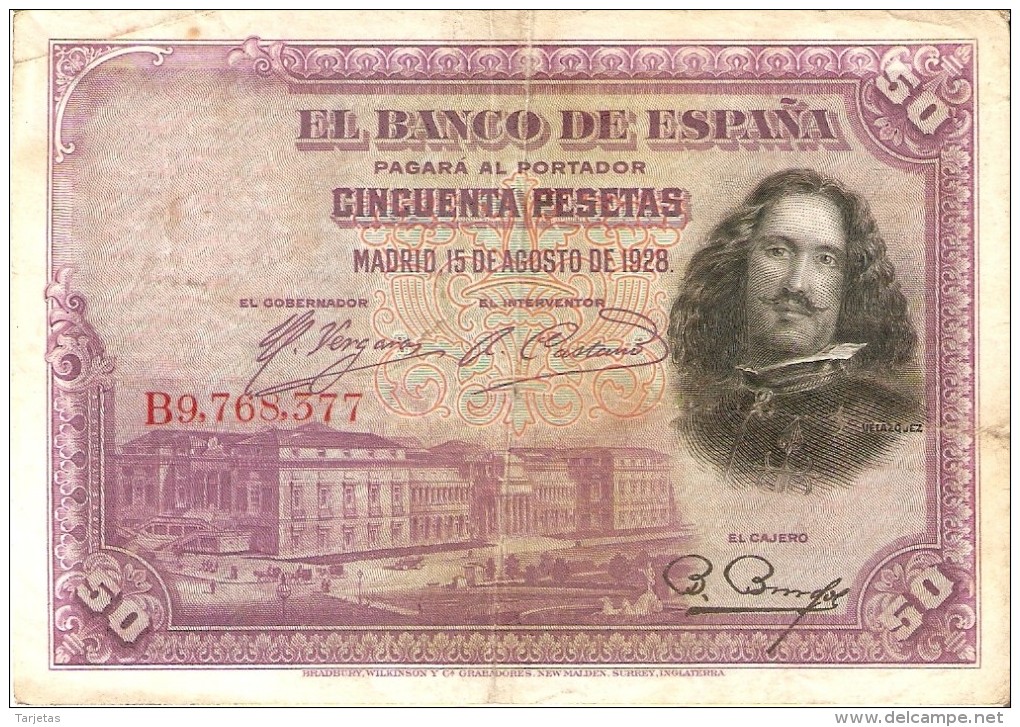 BILLETE DE ESPAÑA DE 50 PTAS DEL AÑO 1928 SERIE B CALIDAD RC (BANKNOTE) - 50 Pesetas