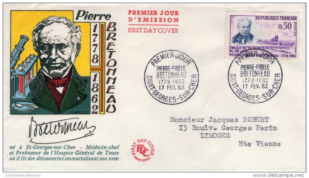 Lote F-Fr76, Francia, 1962, FDC, Circulated, Pierre-Fidele Bretonneau, Medico, Medicine, Doctor - 1960-1969