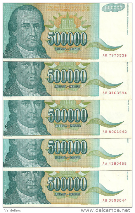 YOUGOSLAVIE  500000 DINARA 1993 VF+ P 131 ( 5 Billets ) - Yougoslavie